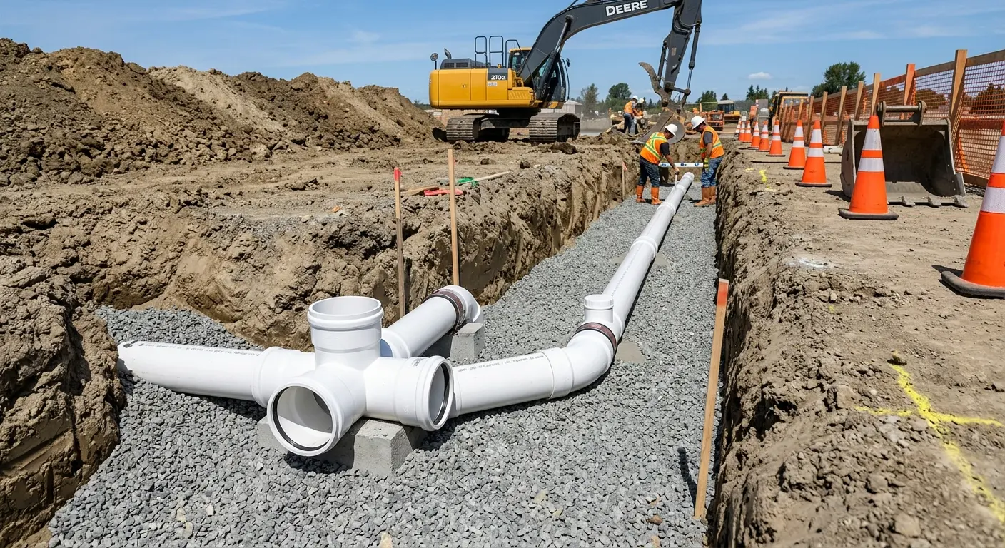 New PVC sewer pipe installation in open trench for Sewer Backup in Sleepy Hollow