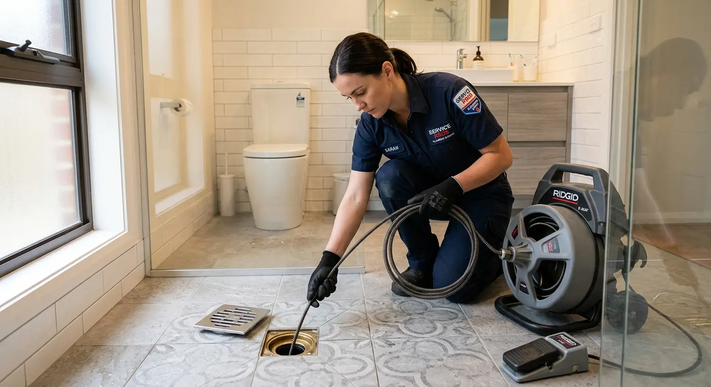 Technician clearing a bathroom floor drain for Hydro Jetting in Sleepy Hollow